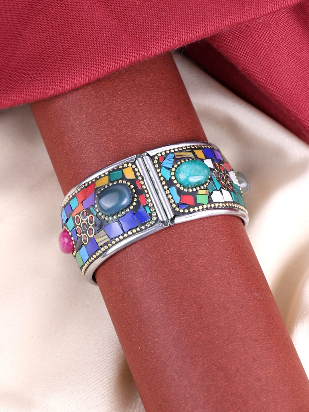 

PANASH Silver-Plated Oxidised Multicolor Stone Studded Kada Bracelet