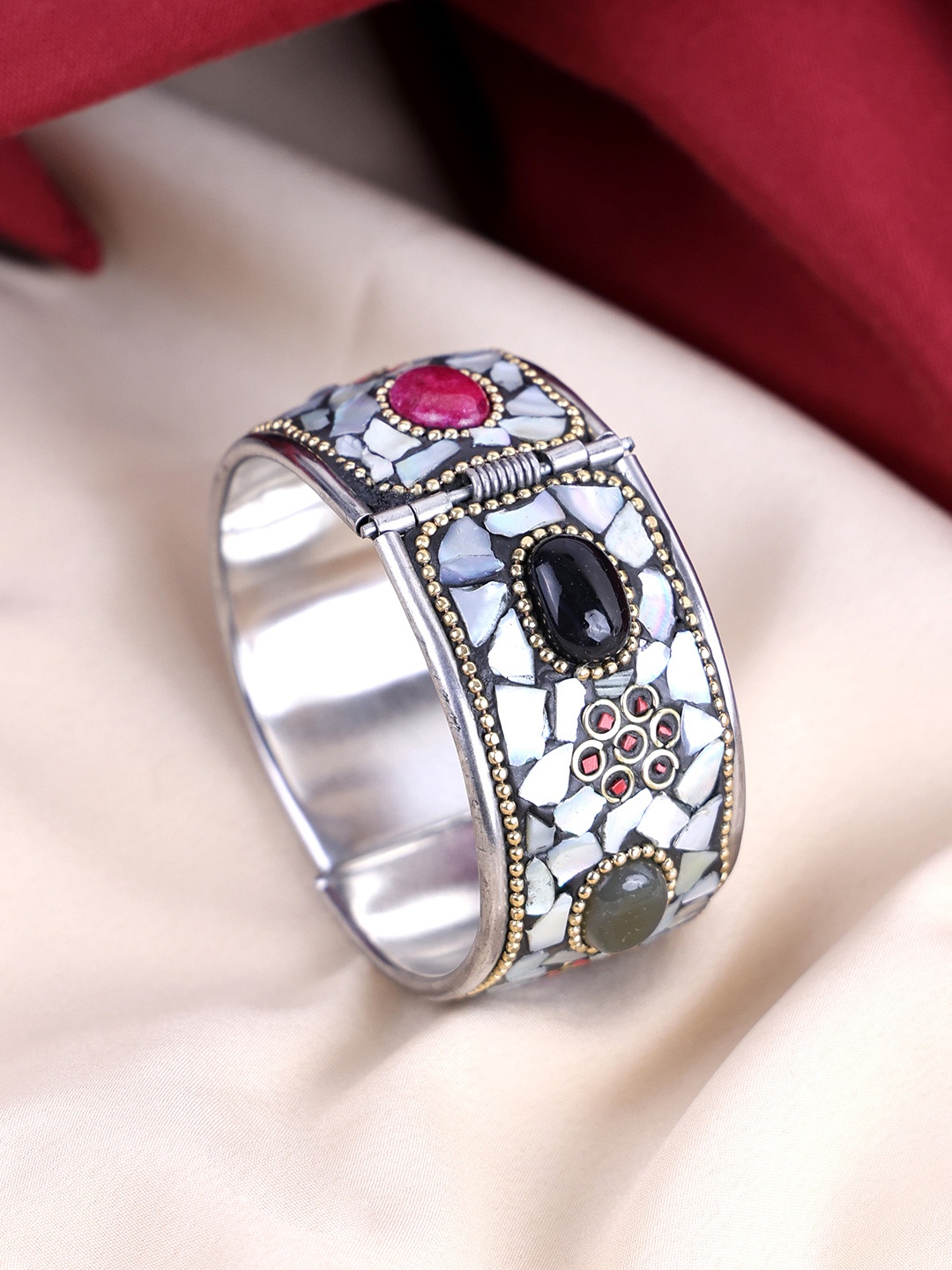

PANASH Oxidised Silver Plated Multi Color Stone Studded Kada Bracelet