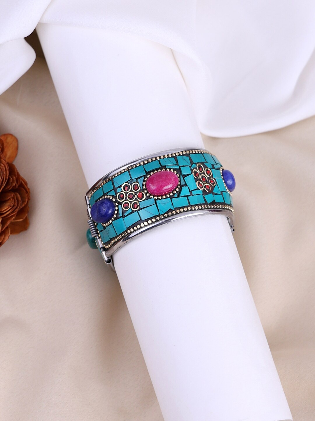 

PANASH Women Turquoise Blue Oxidised Stone Studded Silver Plated Kada Bracelet
