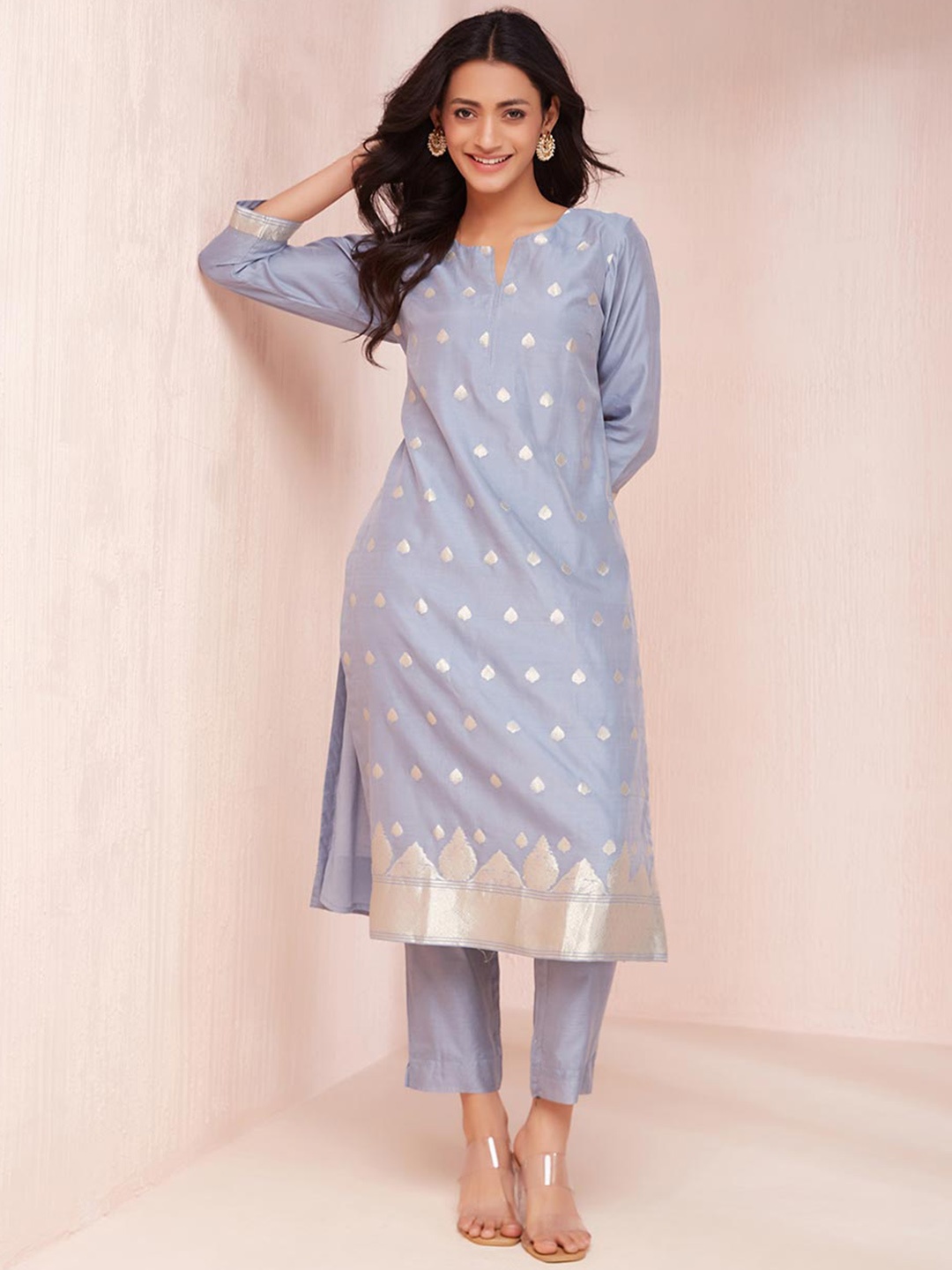 

Fabindia Ethnic Motifs Woven Design Straight Kurta With Trouser, Blue