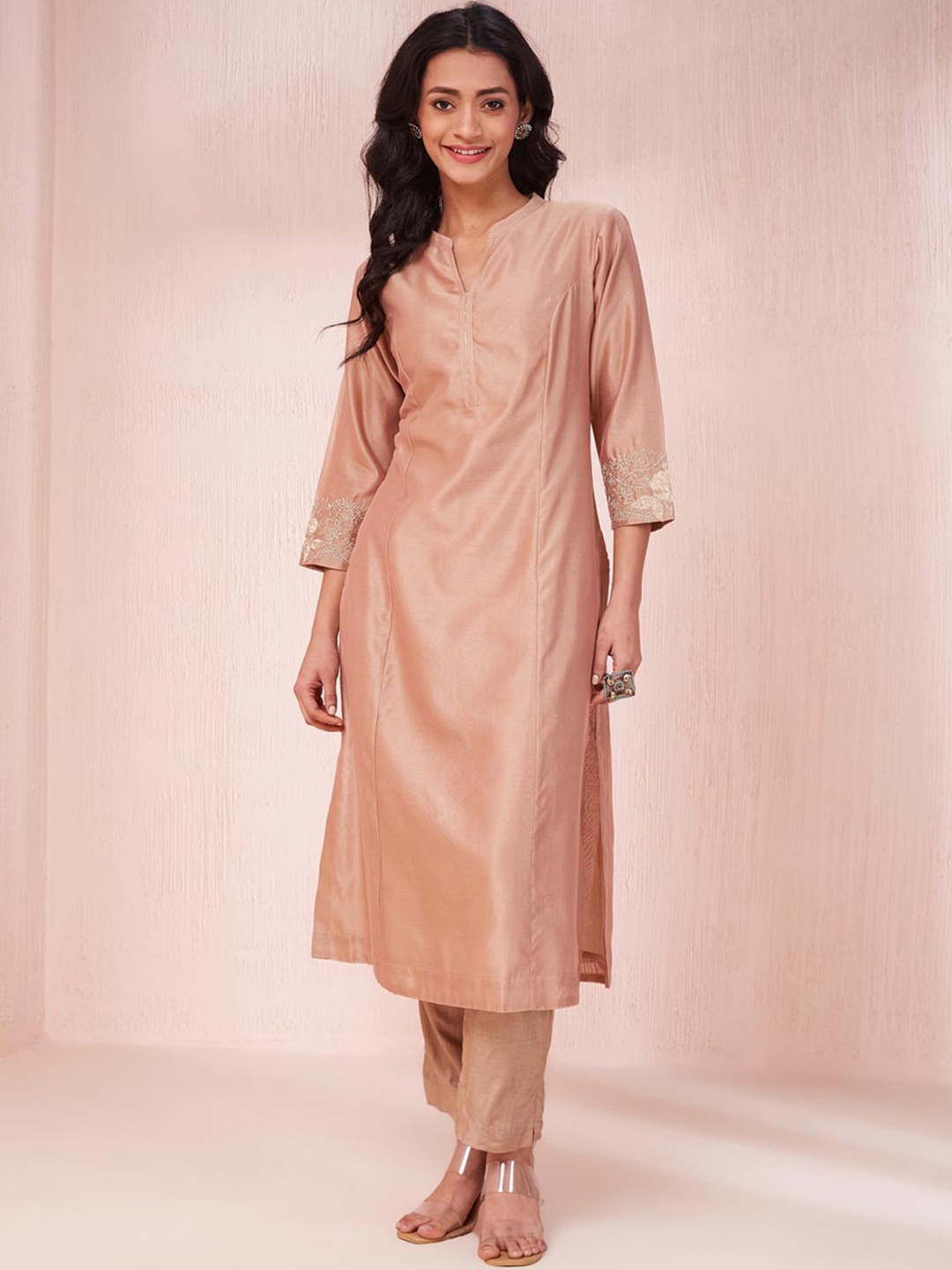 

Fabindia Mandarin Collar Cotton Silk Straight Kurta, Beige