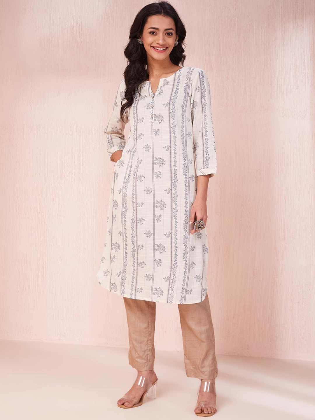 

Fabindia Ethnic Motifs Block Printed Cotton Straight Kurta, White