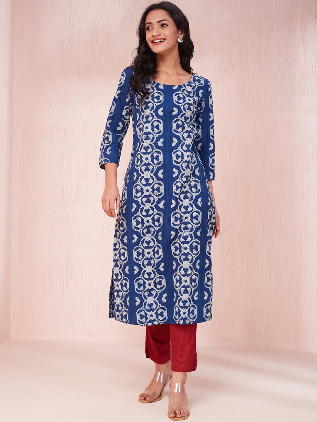 

Fabindia Ethnic Motifs Printed Pure Cotton Straight Kurta, Blue