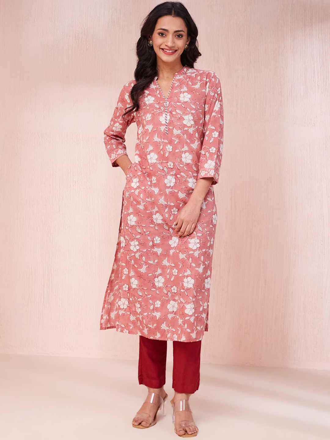 

Fabindia Floral Hand Block Printed Cotton Straight Kurta, Pink