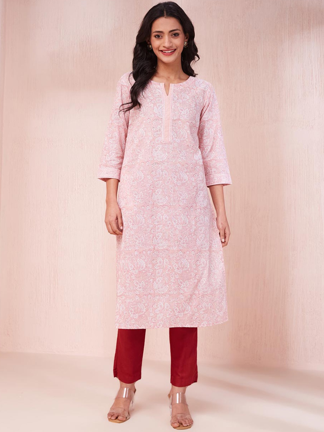 

Fabindia Ethnic Motifs Hand Block Printed Cotton Straight Kurta, Pink