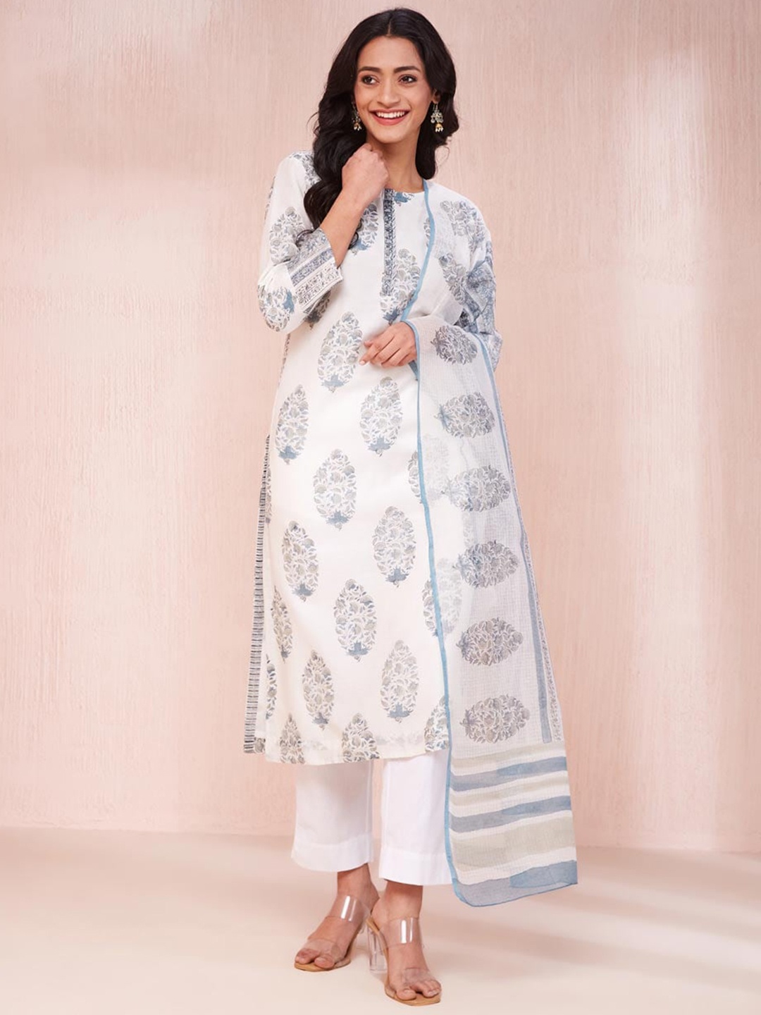 

Fabindia Ethnic Motifs Printed Straight Kurta With Trouser & Dupatta, Off white