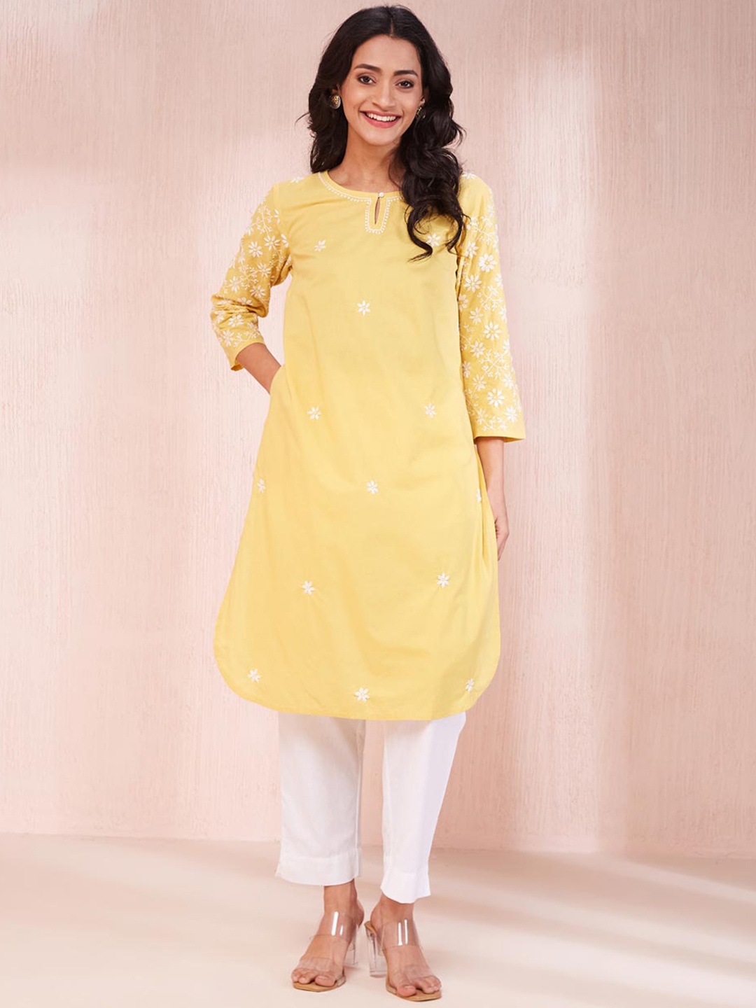 

Fabindia Chikankari Embroidered Keyhole Neck Cotton Straight Kurta, Yellow