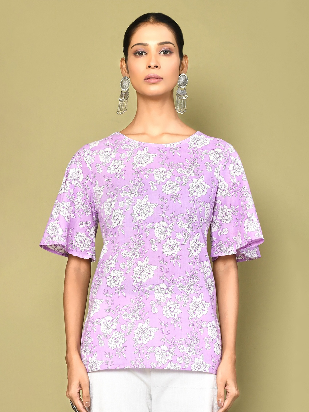 

MIRAVAN Bell Sleeve Floral Printed Cotton Kurti, Lavender
