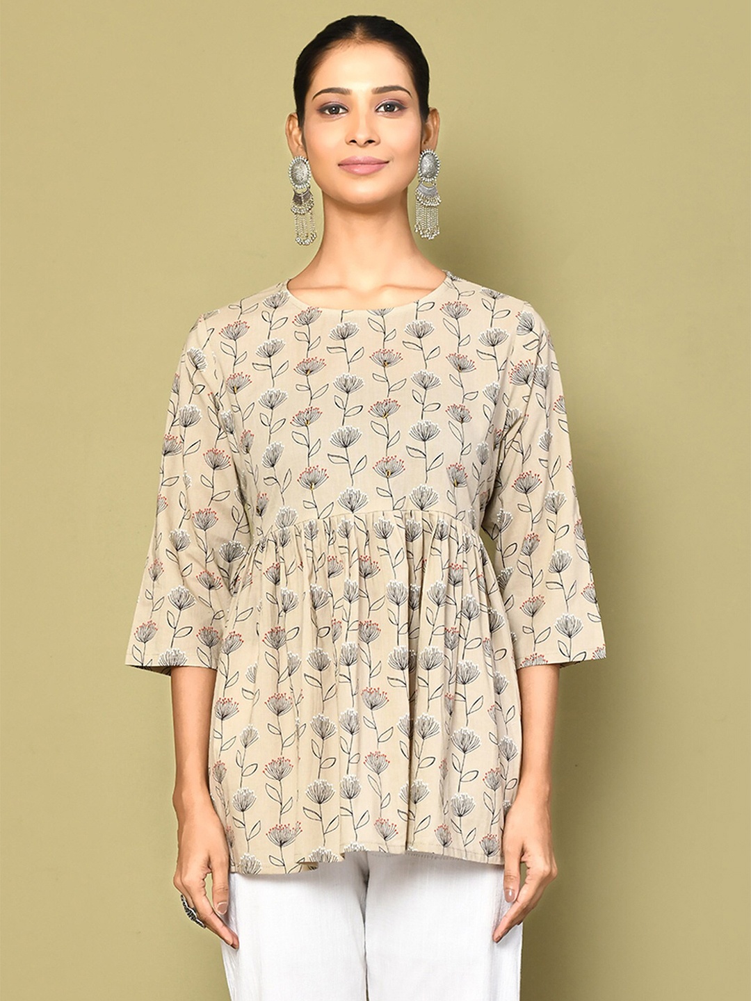 

MIRAVAN Floral Printed Pure Cotton Kurti, Beige
