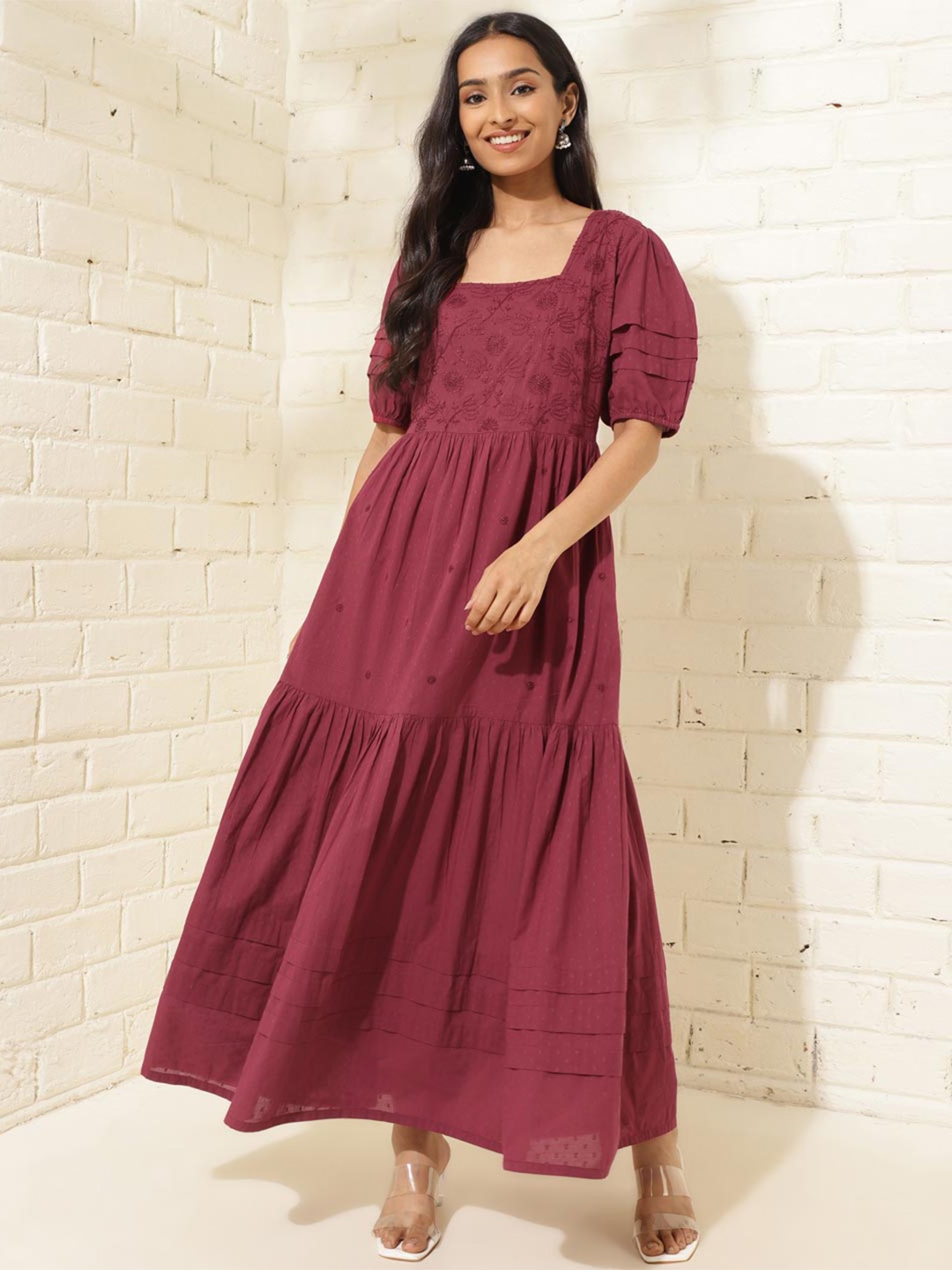 

Fabindia Floral Embroidered Square Neck Puff Sleeves Tiered Cotton Maxi Fit & Flare Dress, Maroon