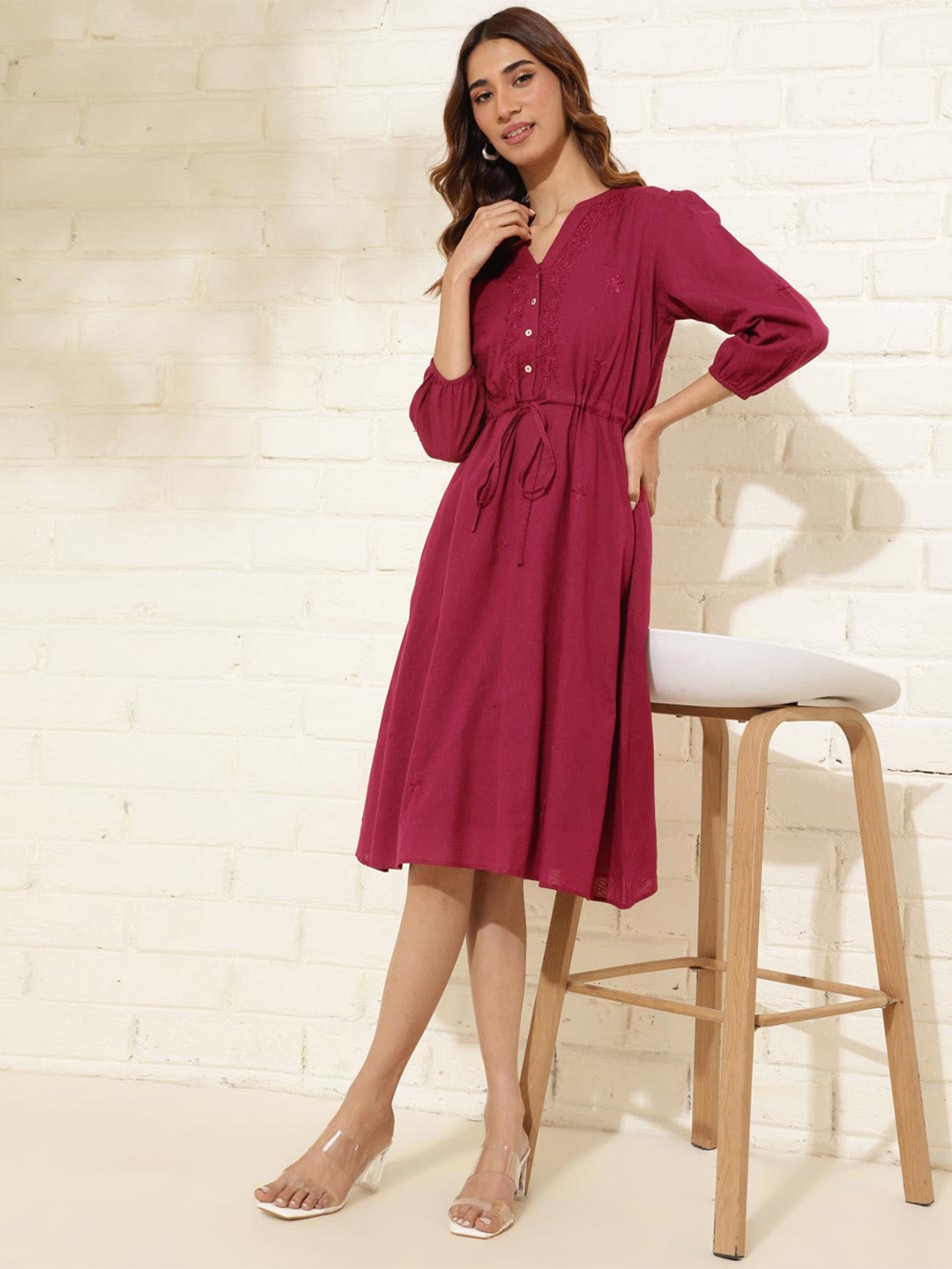 

Fabindia Embroidered Puff Sleeve A-Line Midi Cotton Dress With Slip, Maroon