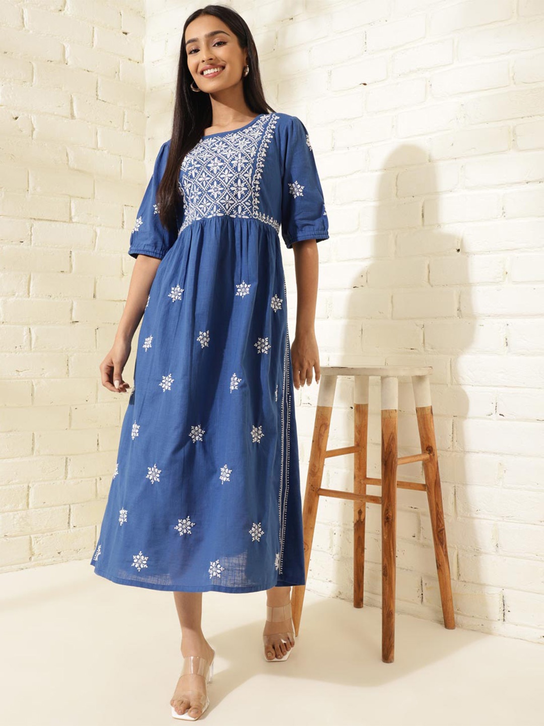 

Fabindia Floral Embroidered A-Line Cotton Midi Dress, Navy blue