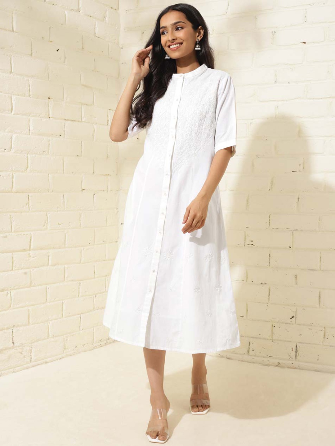 

Fabindia Chikankari Embroidered A-Line Midi Dress With Slip, White