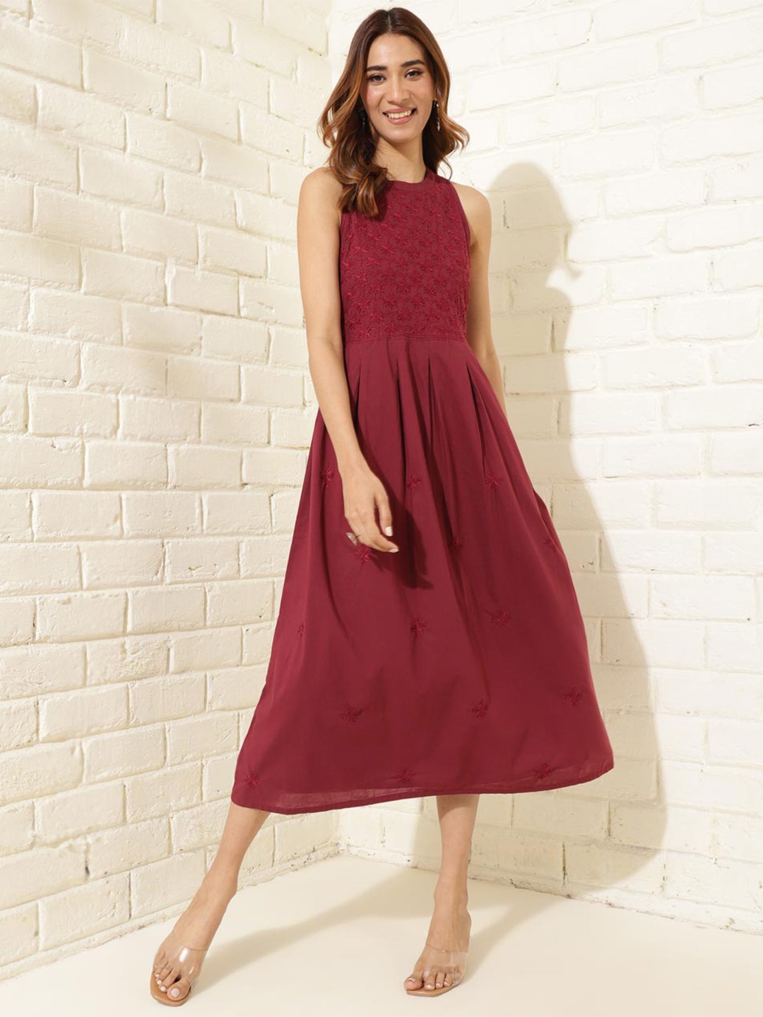 

Fabindia Embroidered Fit & Flare Midi Dress, Maroon