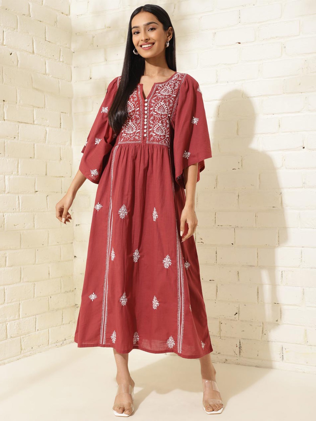 

Fabindia Geometric Embroidered Round Neck Flared Sleeve Cotton Maxi Dress, Red