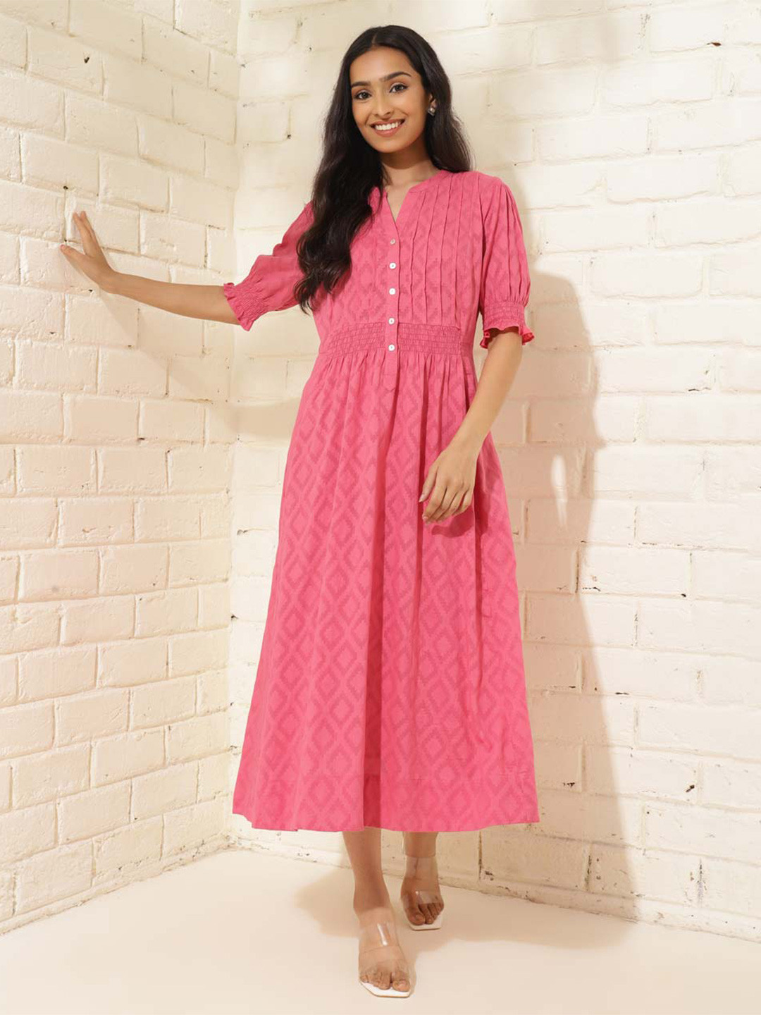 

Fabindia Geometric Printed Mandarin Collar Cotton Fit & Flare Maxi Dress, Pink