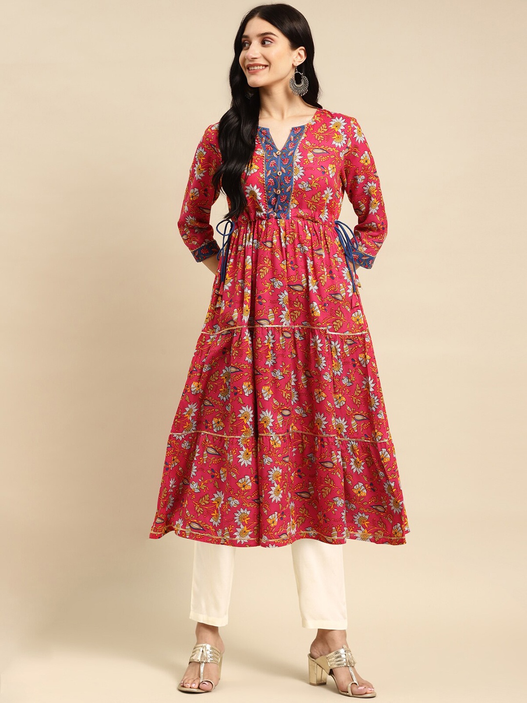 

Rangita Floral Printed Tiered Gotta Patti Kurta with Trousers, Pink