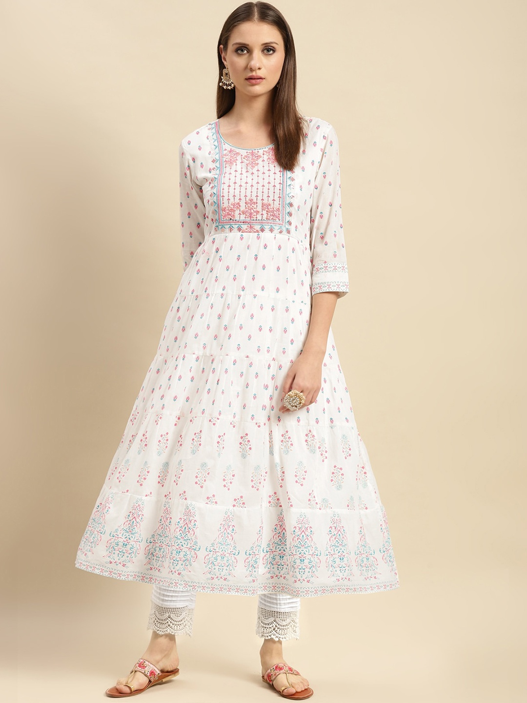 

Rangita Round Neck Floral Printed Sequinned Pure Cotton Anarkali Kurta with Trouser, Off white