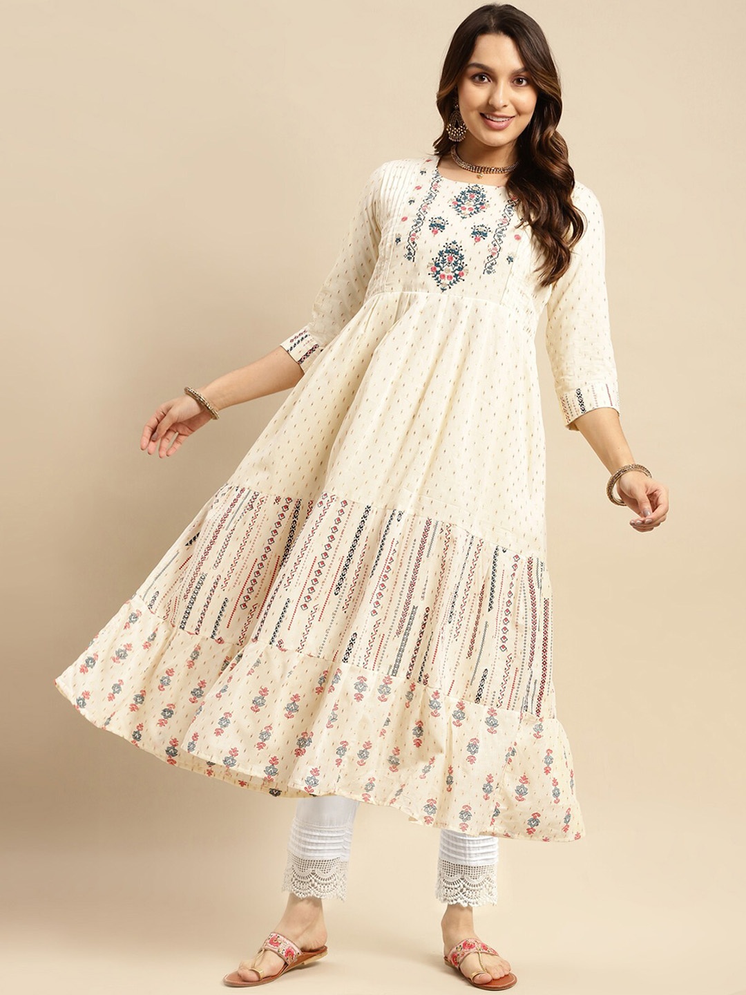 

Rangita Floral Printed Regular Pure Cotton Kurta with Trousers, Off white