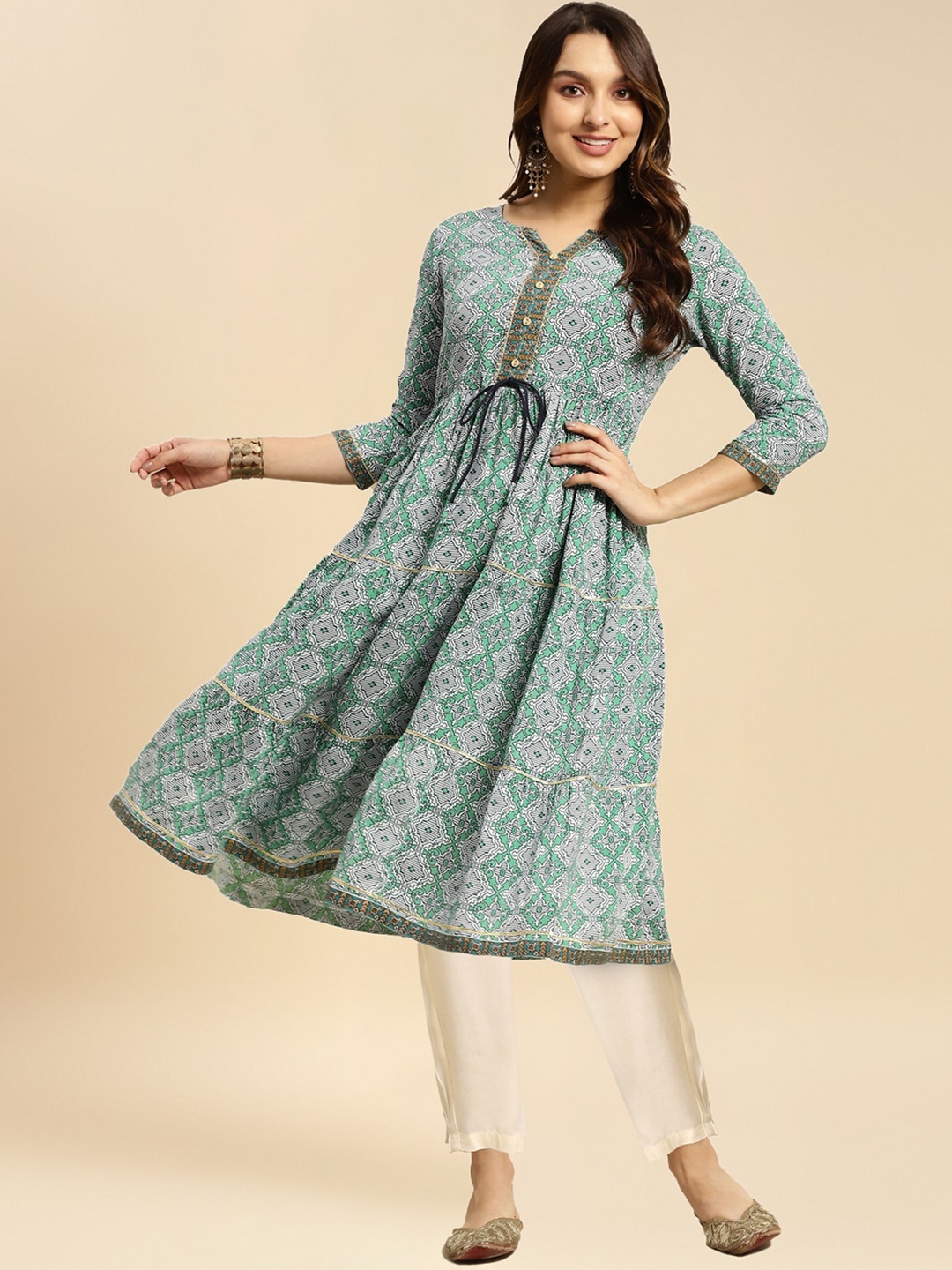 

Rangita V Neck Ethnic Printed Gotta Patti Anarkali Kurta with Trouser, Teal