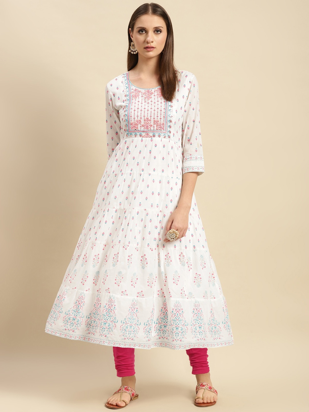 

Rangita Embroidered Regular Sequinned Pure Cotton Kurta with Churidar, Off white