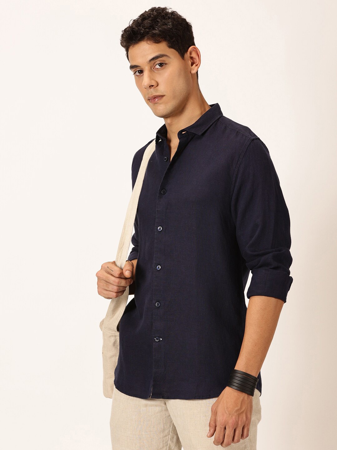 

Mast & Harbour Navy Blue Pure Linen Premium Casual Shirt