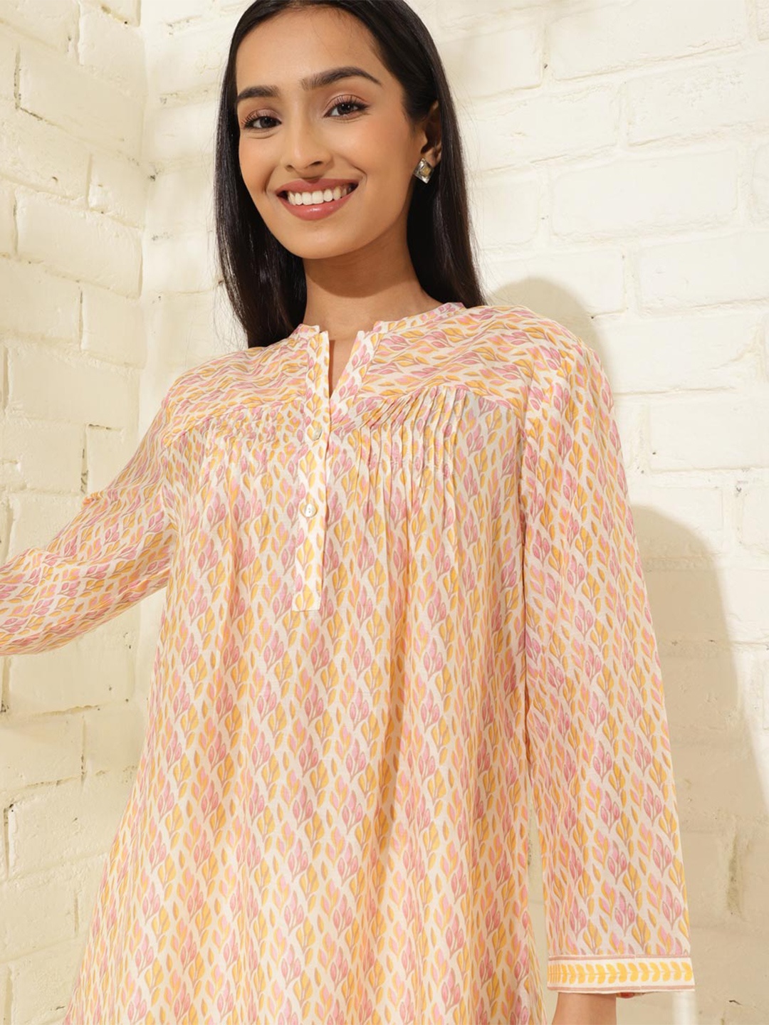 

Fabindia Printed Mandarin Collar Tunic, Off white