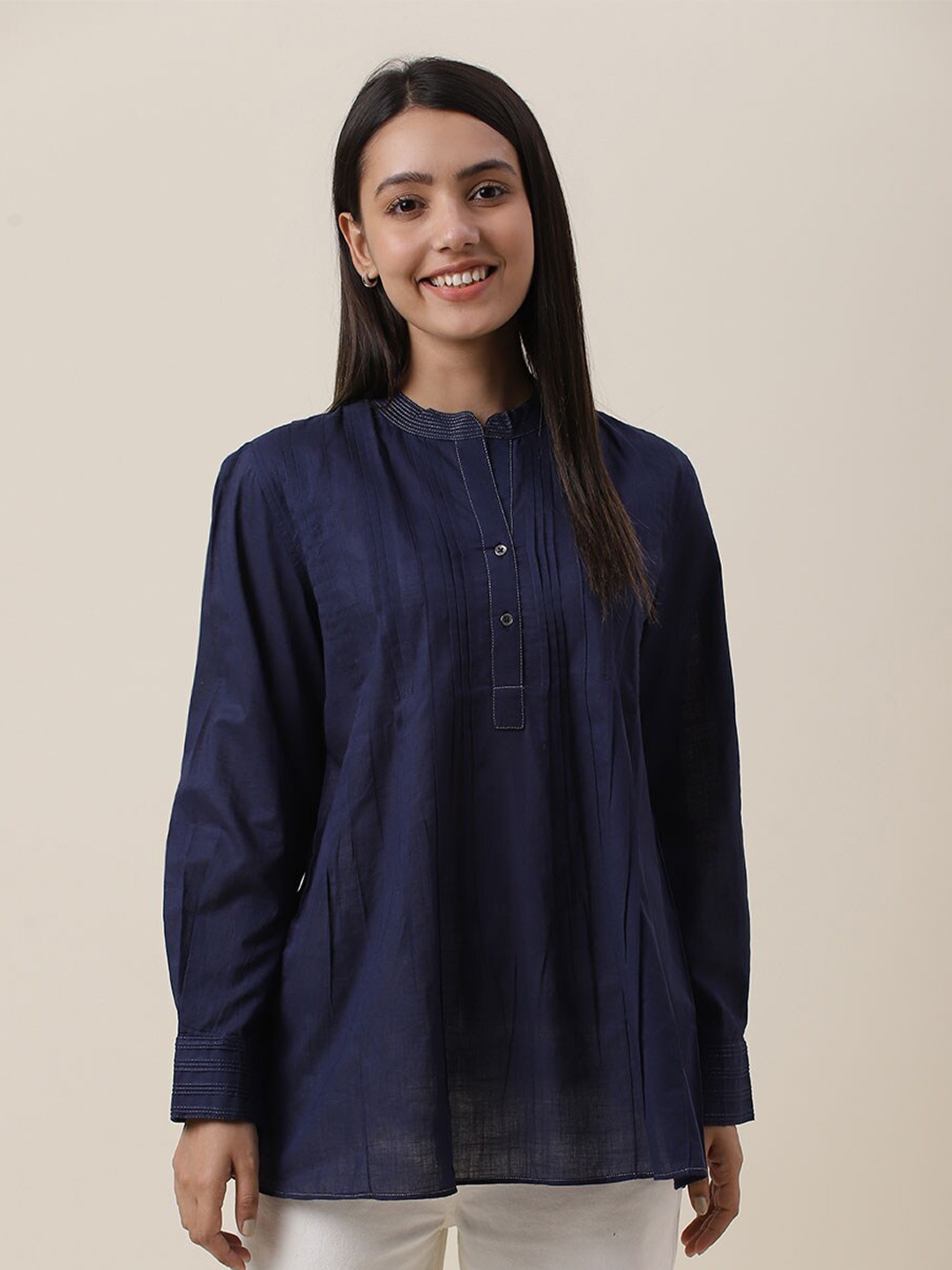 

Fabindia Mandarin Collar Cotton Tunic, Blue