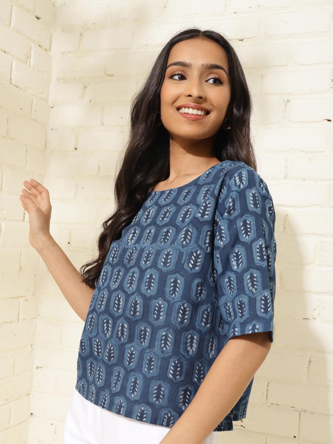 

Fabindia Ethnic Motifs Printed Cotton Top, Blue