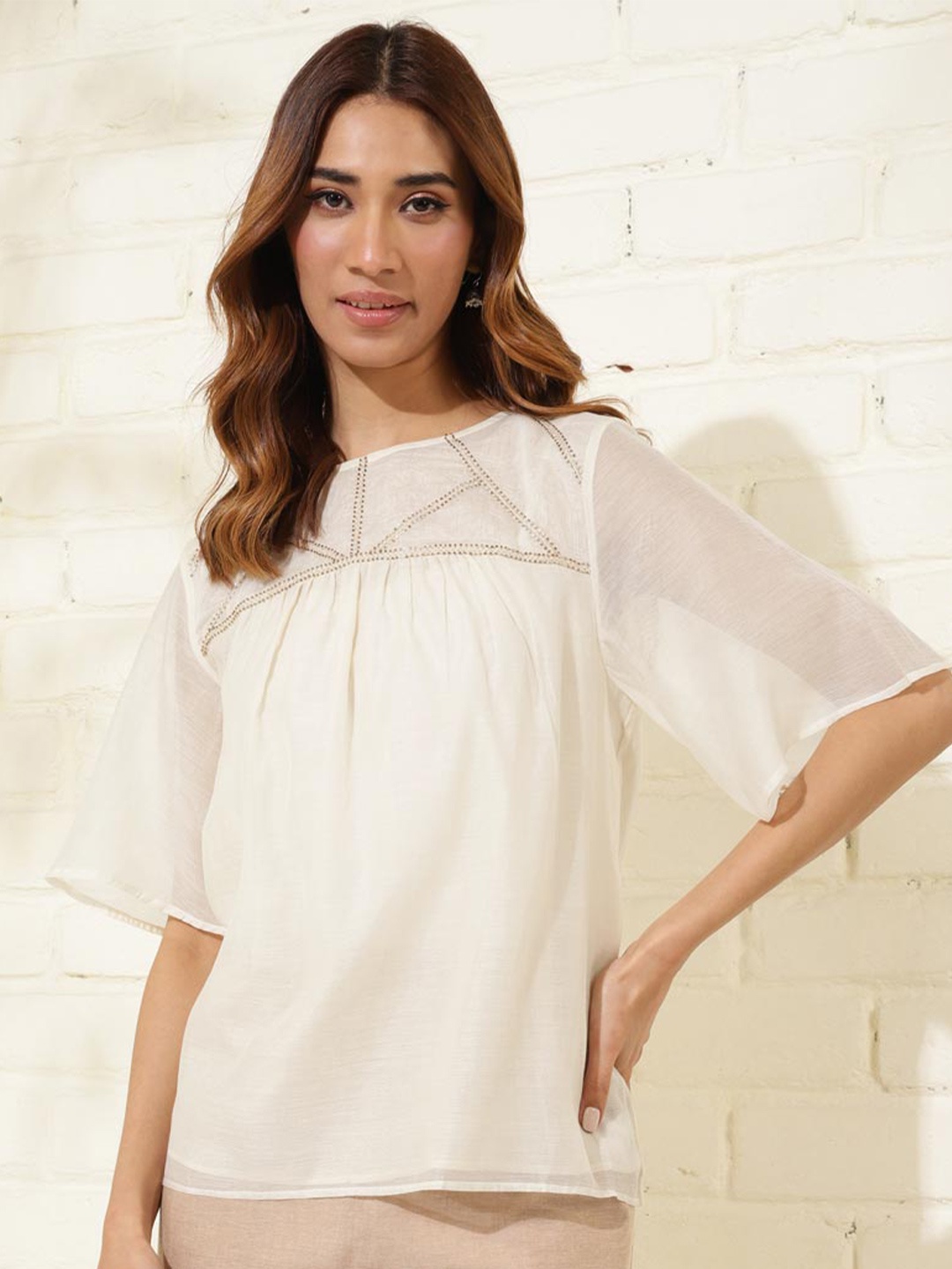 

Fabindia Embroidered Flared Sleeves Cotton Silk Top, Off white