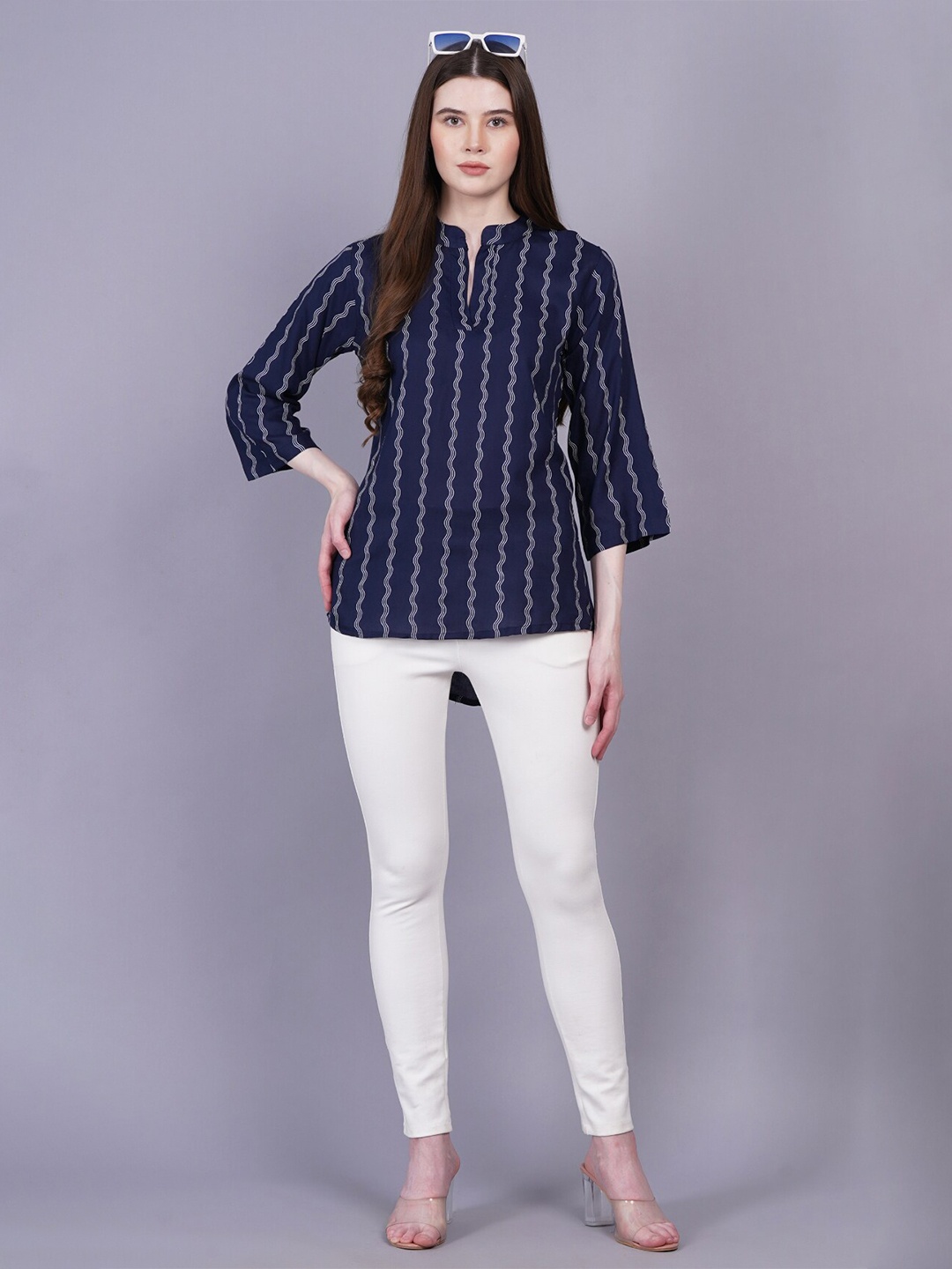 

JC4U Mandarin Collar Striped Tunic, Blue
