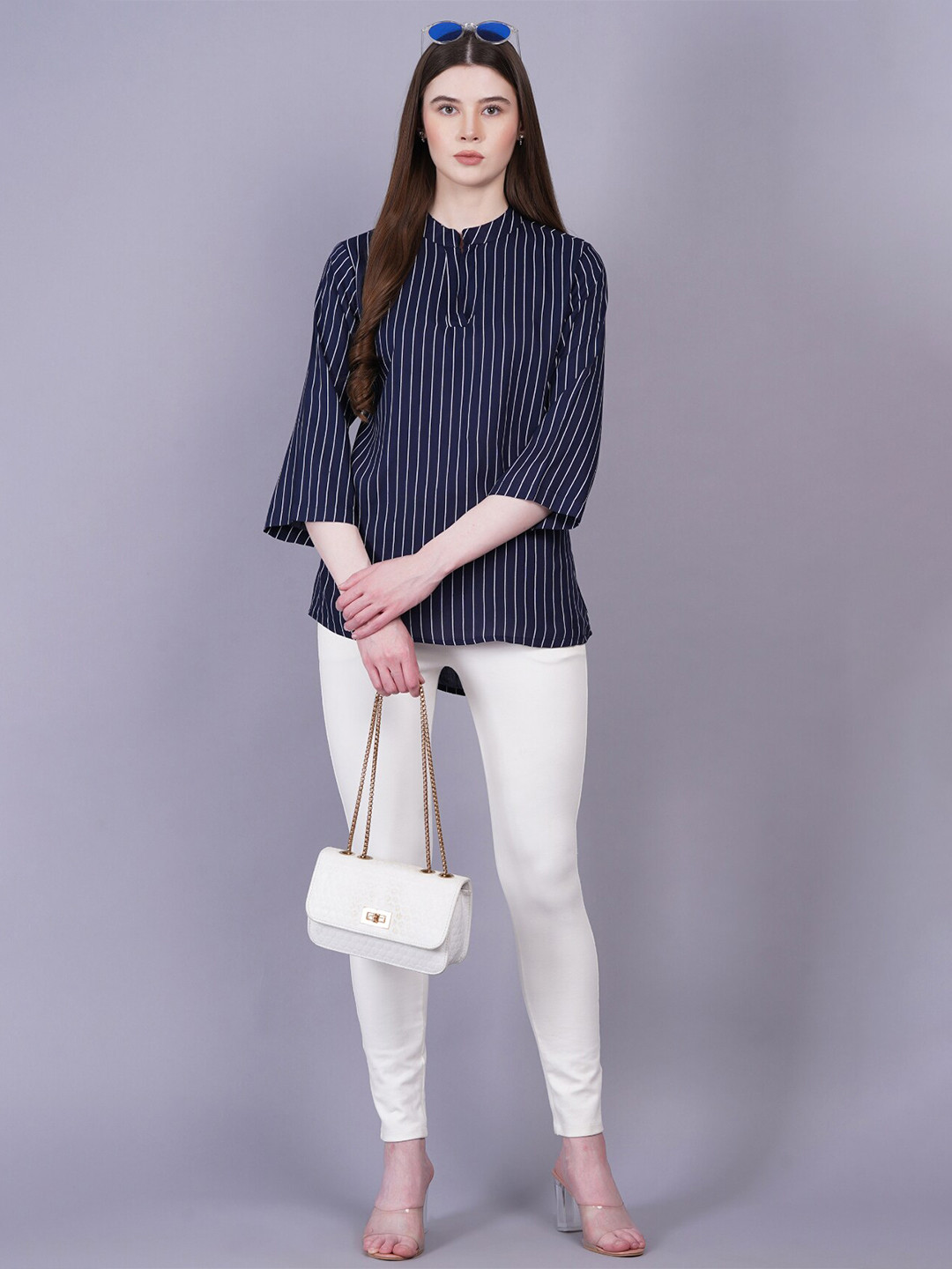 

JC4U Mandarin Collar Striped Tunic, Navy blue