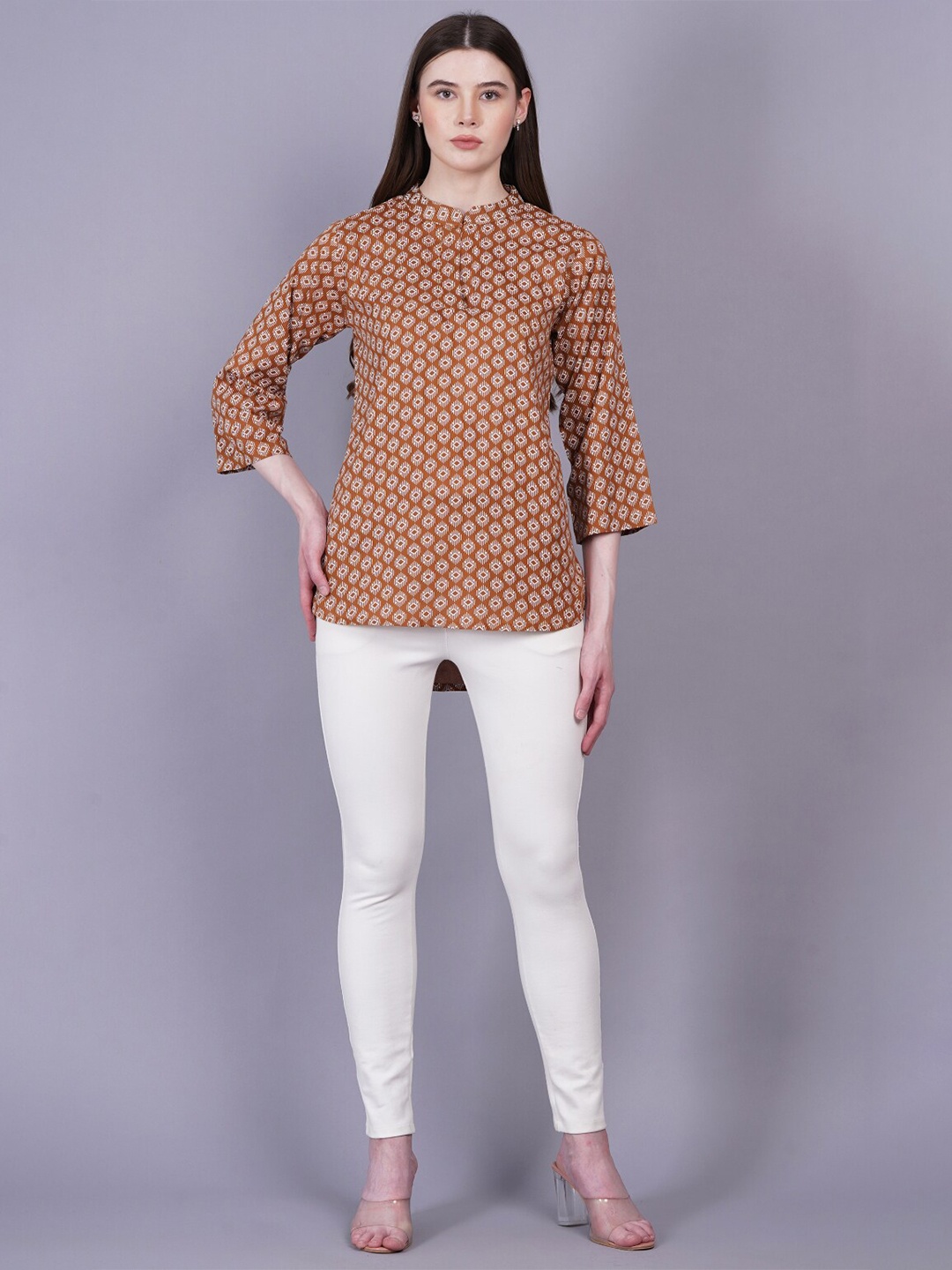 JC4U Geometric Printed Mandarin Collar Tunic, Brown