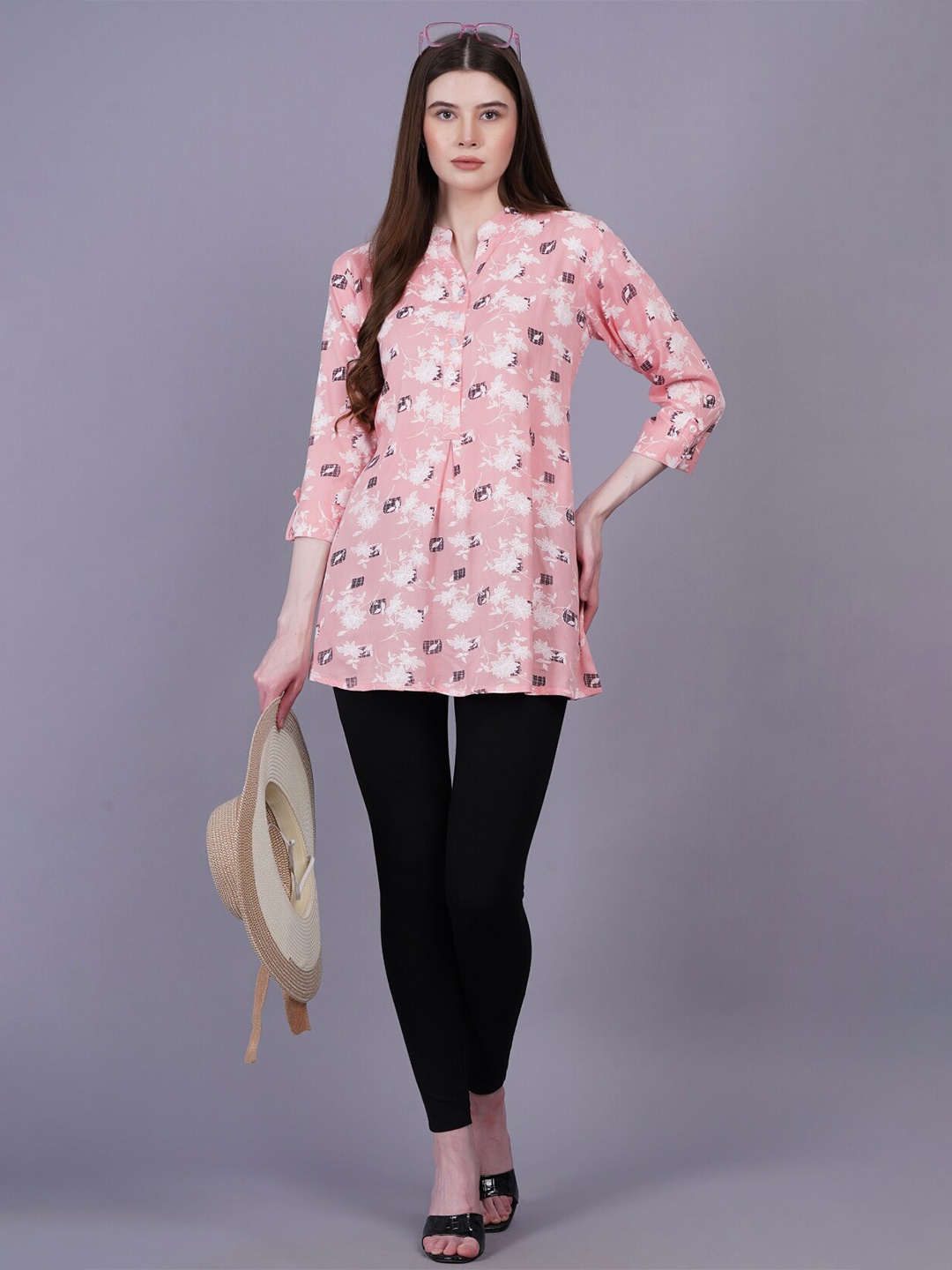 

JC4U Floral Printed Mandarin Collar Tunic, Pink