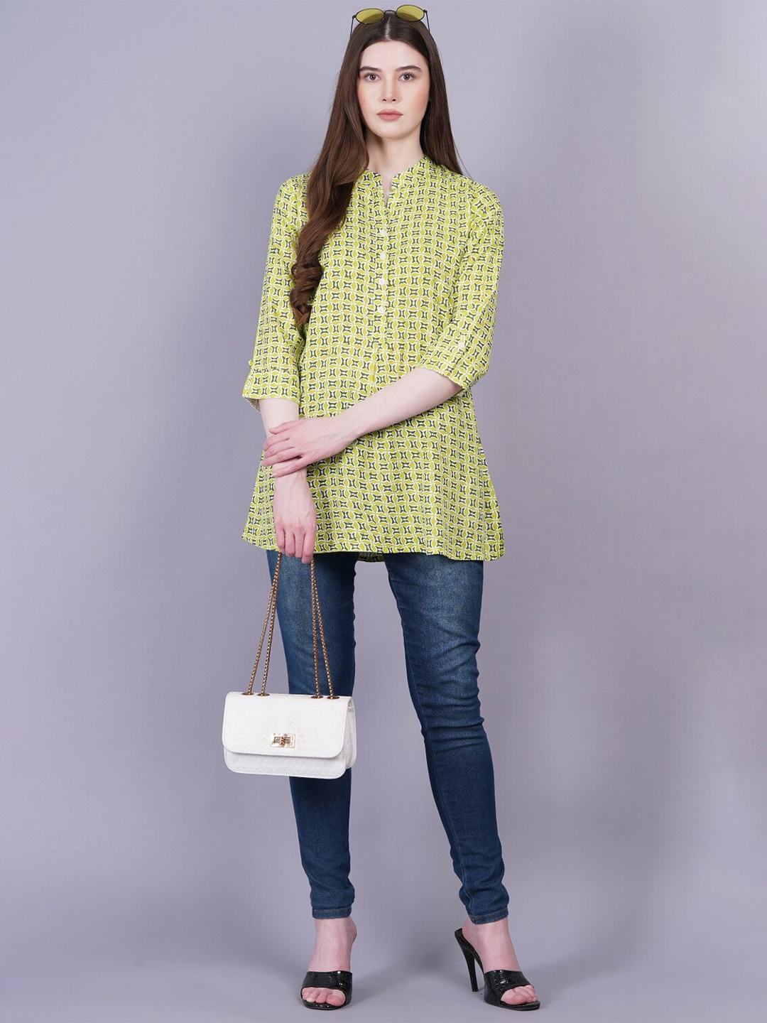 

JC4U Floral Printed Mandarin Collar Tunic, Green