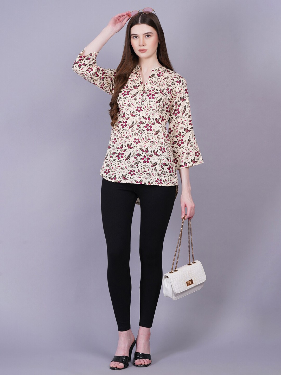 

JC4U Floral Printed Mandarin Collar Tunic, Pink