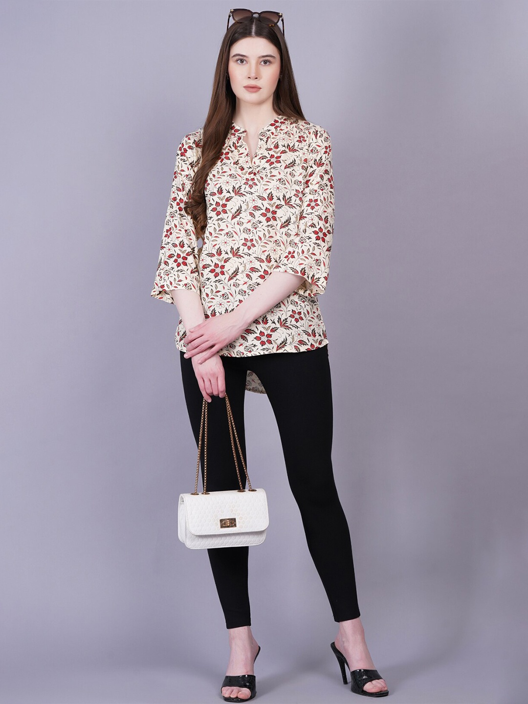 

JC4U Floral Printed Mandarin Collar Tunic, Cream
