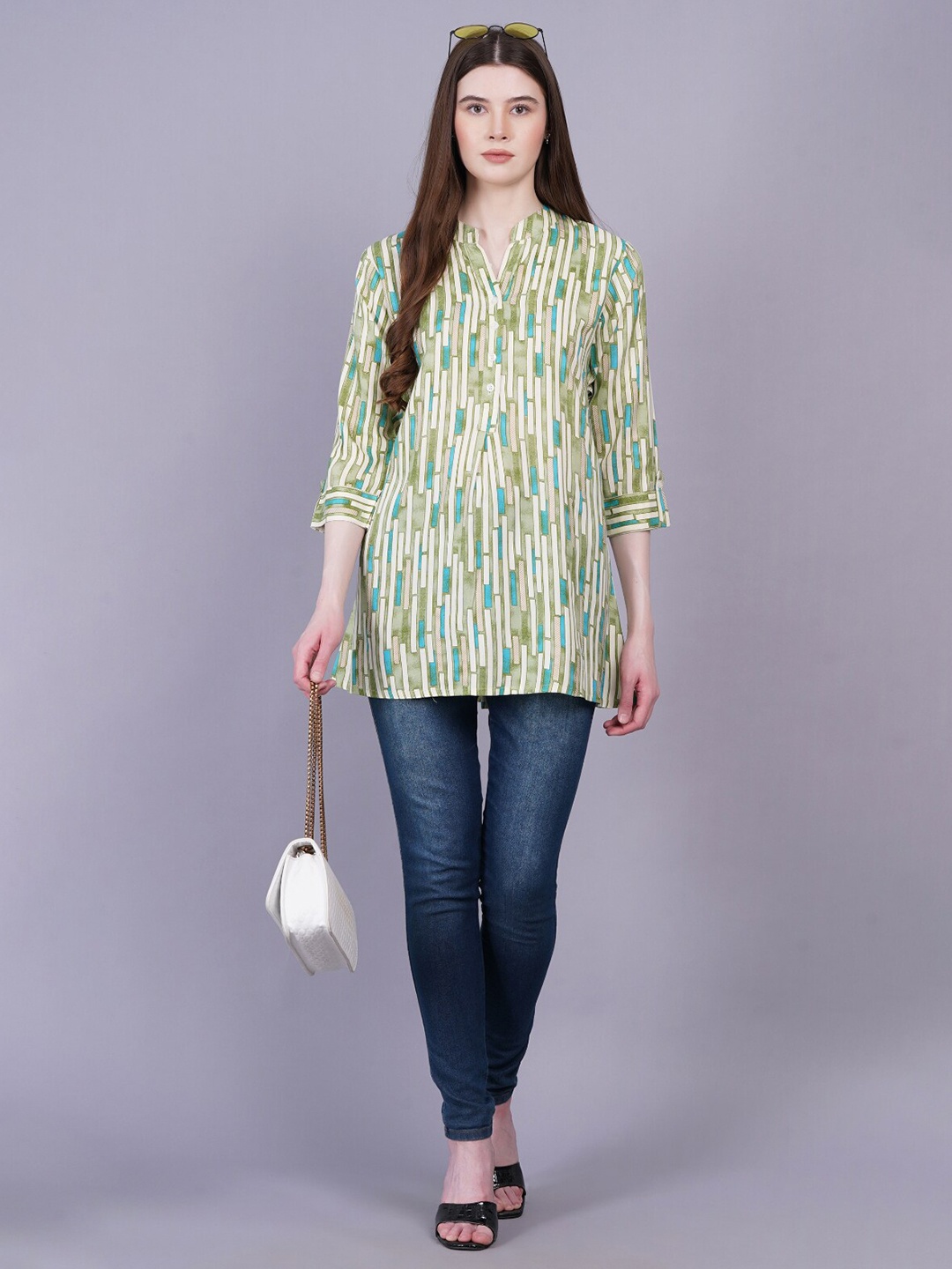 

JC4U Mandarin Collar Printed Tunic, Green