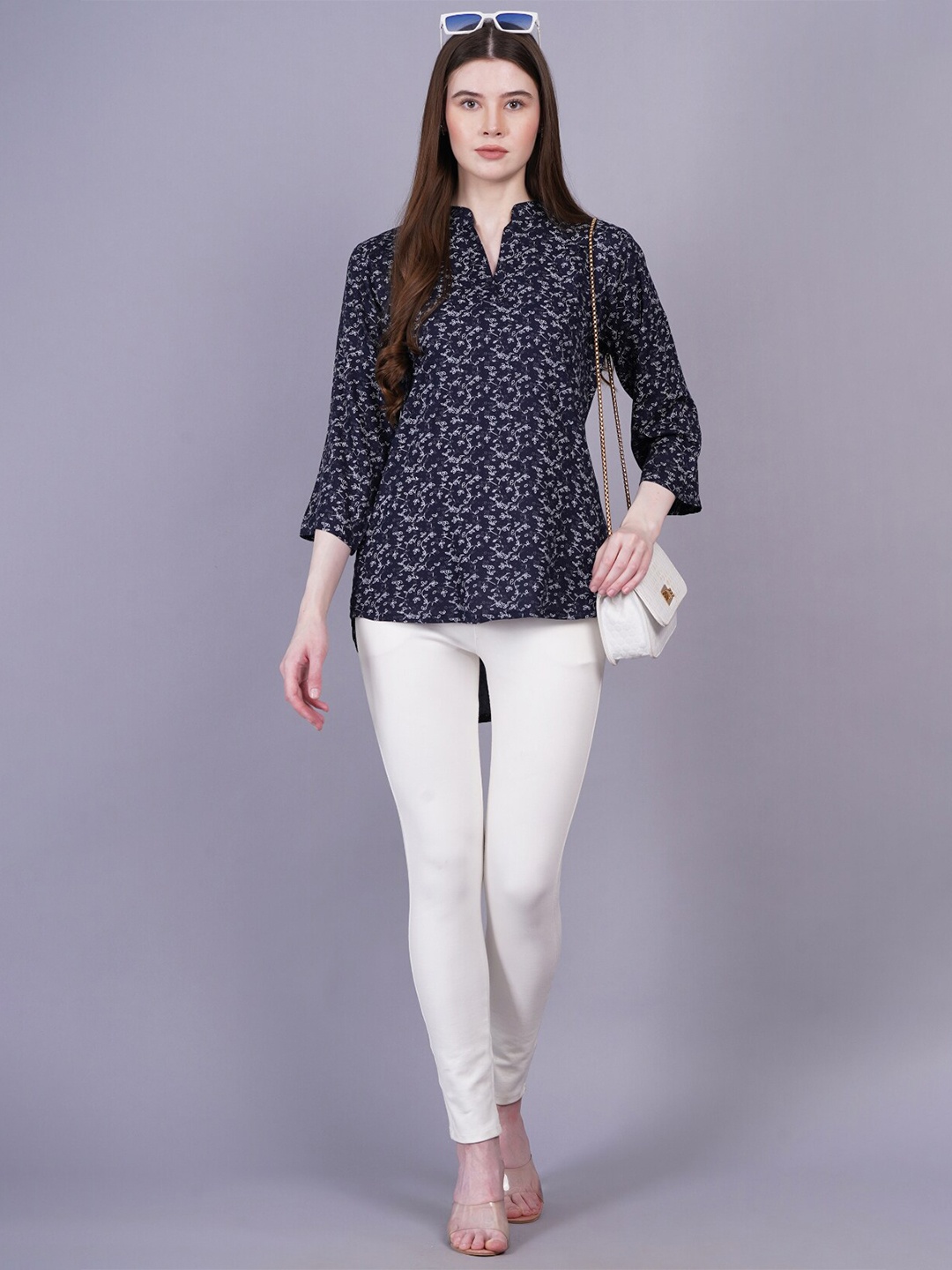 

JC4U Mandarin Collar Printed Tunic, Blue