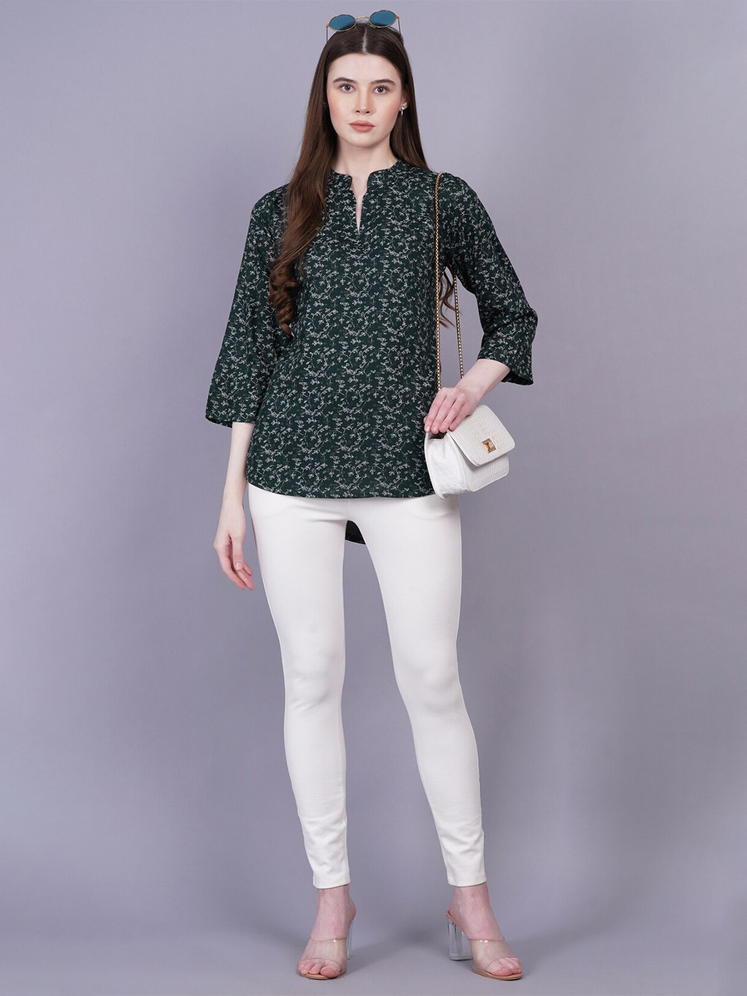 

JC4U Floral Printed Mandarin Collar Tunic, Green