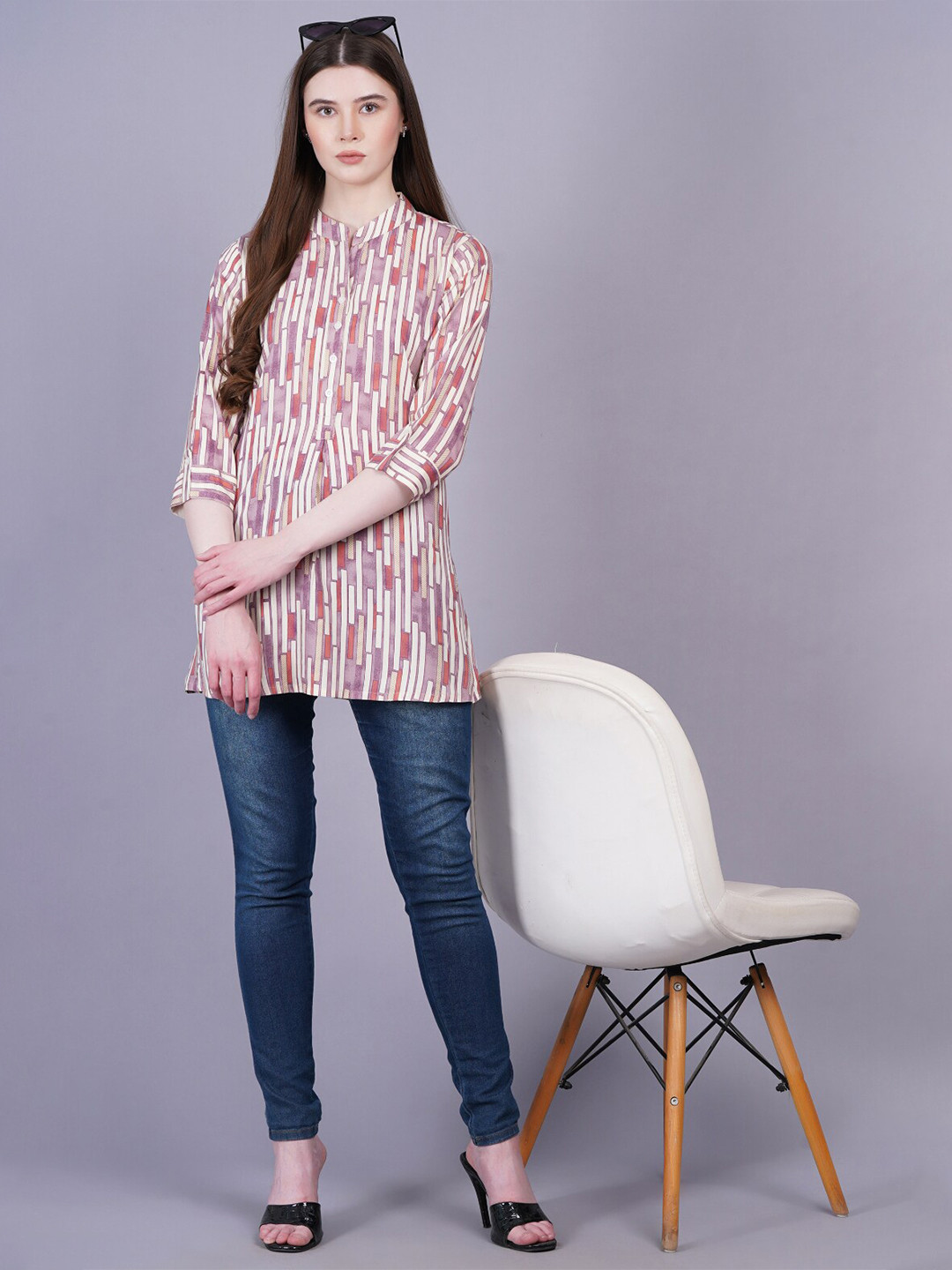 

JC4U Mandarin Collar Printed Tunic, Purple
