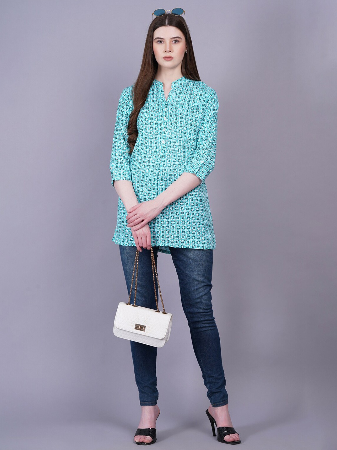 

JC4U Floral Printed Mandarin Collar Tunic, Teal