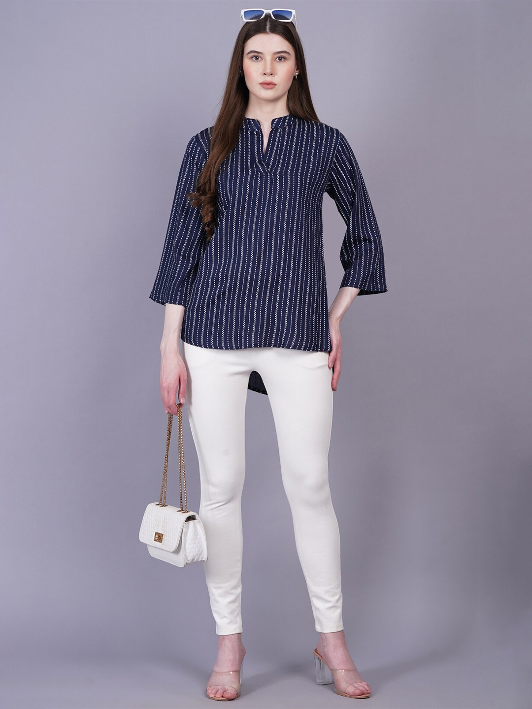 JC4U Striped Mandarin Collar Tunic, Navy blue