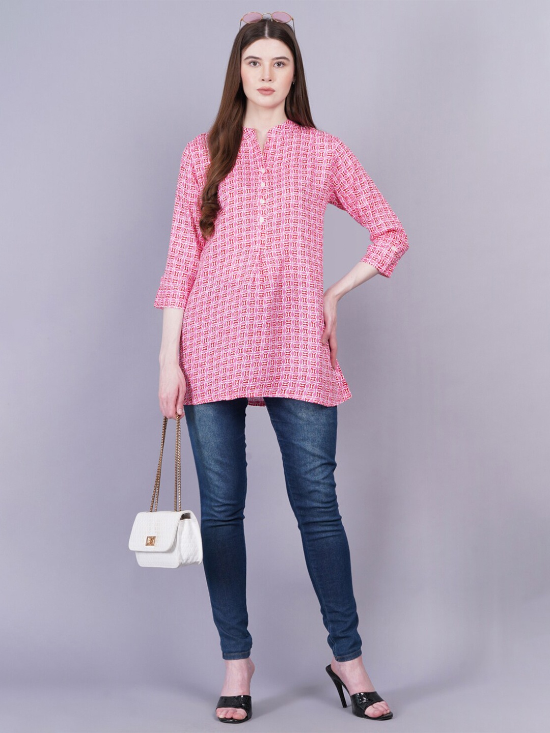 

JC4U Geometric Printed Mandarin Collar Tunic, Pink