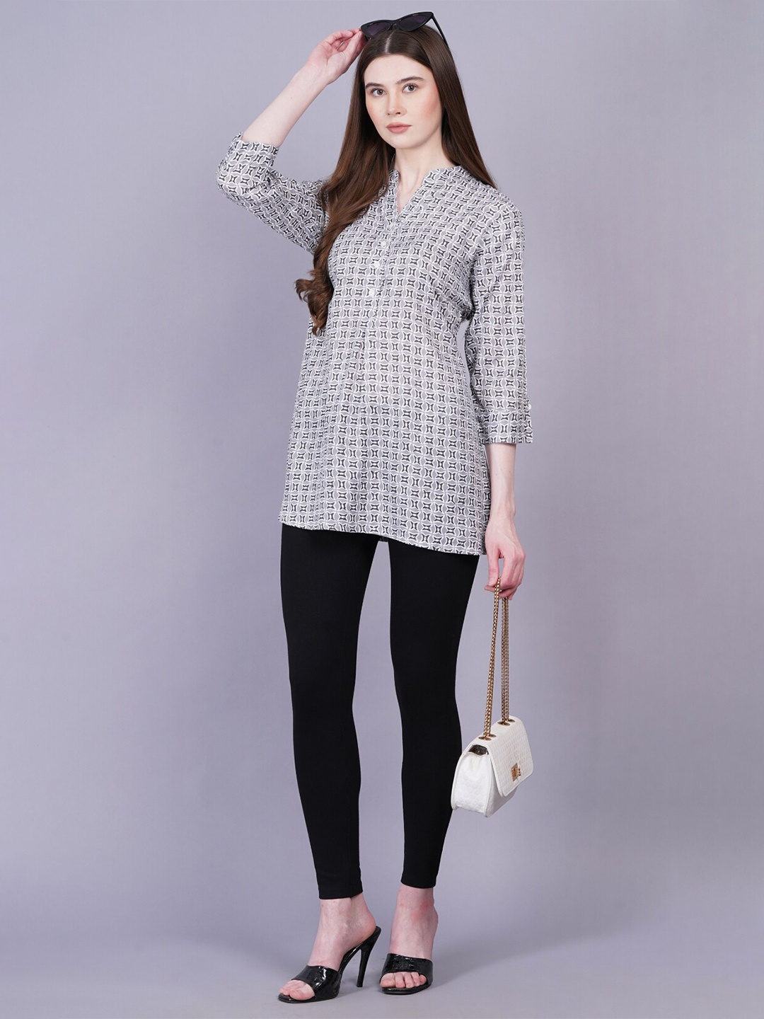 

JC4U Mandarin Collar Printed Ethnic Tunic, Grey