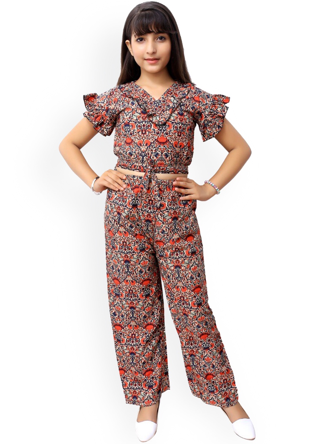 

FELLAMO Printed V-Neck Short Sleeves Top And Trousers, Red