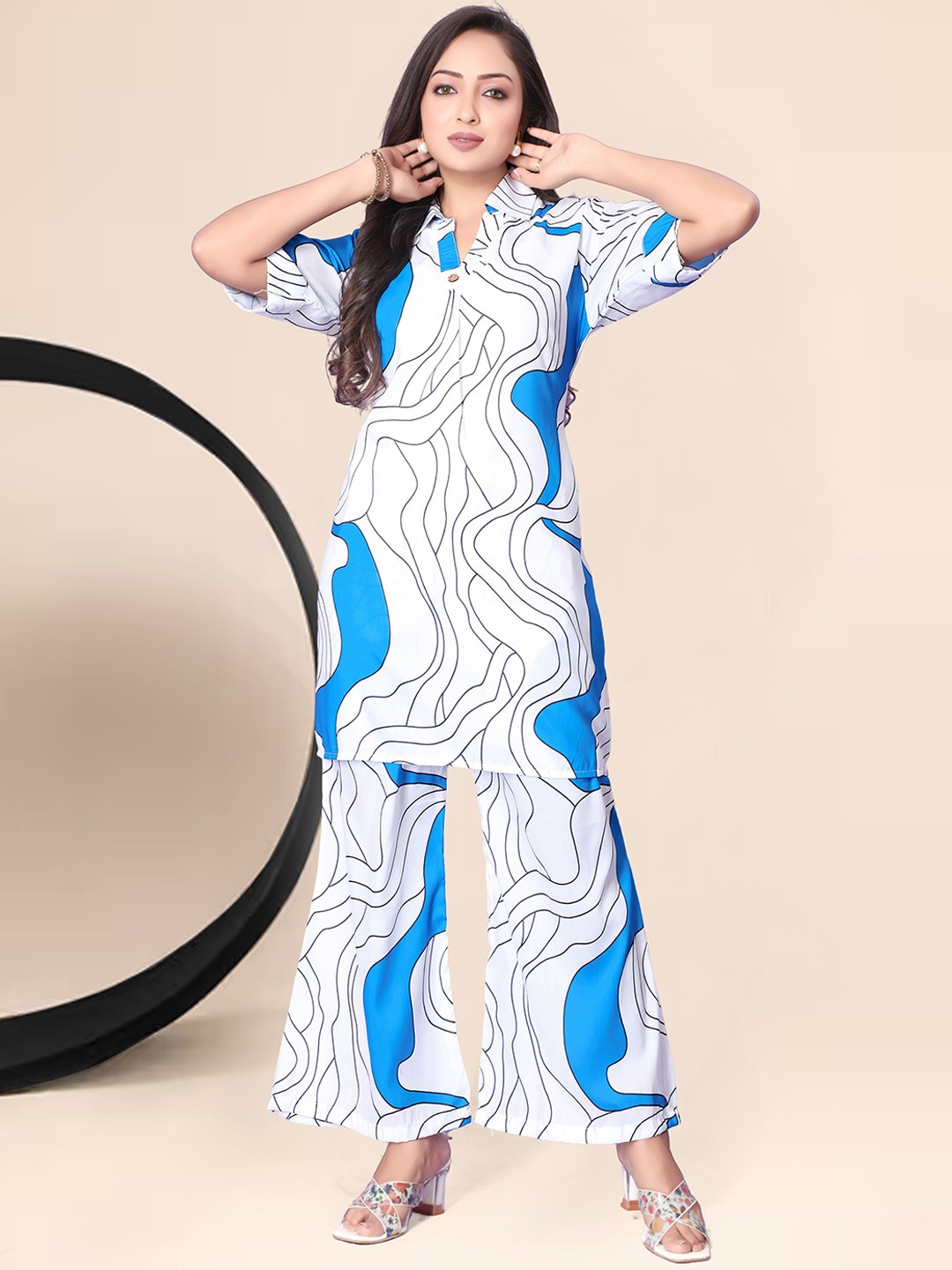 

Anouk White Abstract Printed Shirt Collar Top With Palazzos