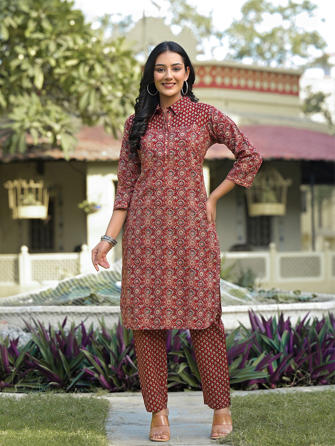 

ARAVALII Floral Printed Shirt Style Co-Ords Set, Maroon