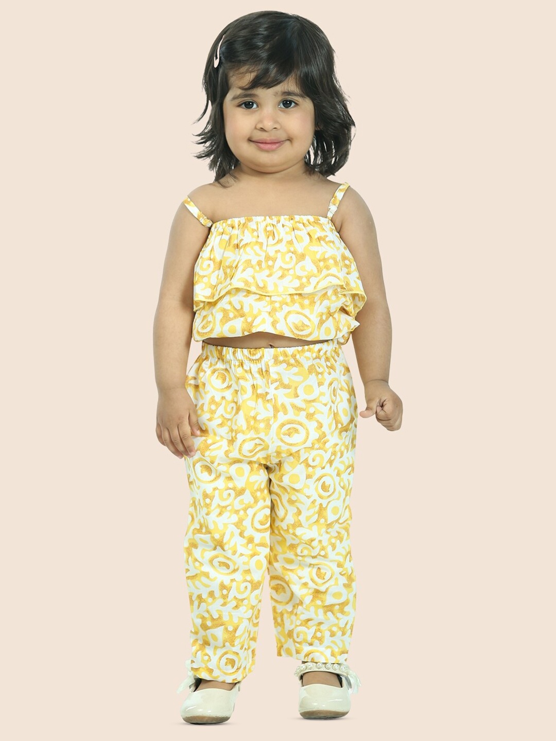 

JUNITOS Girls Printed Square Neck Sleeveless Top with Pyjamas, Yellow