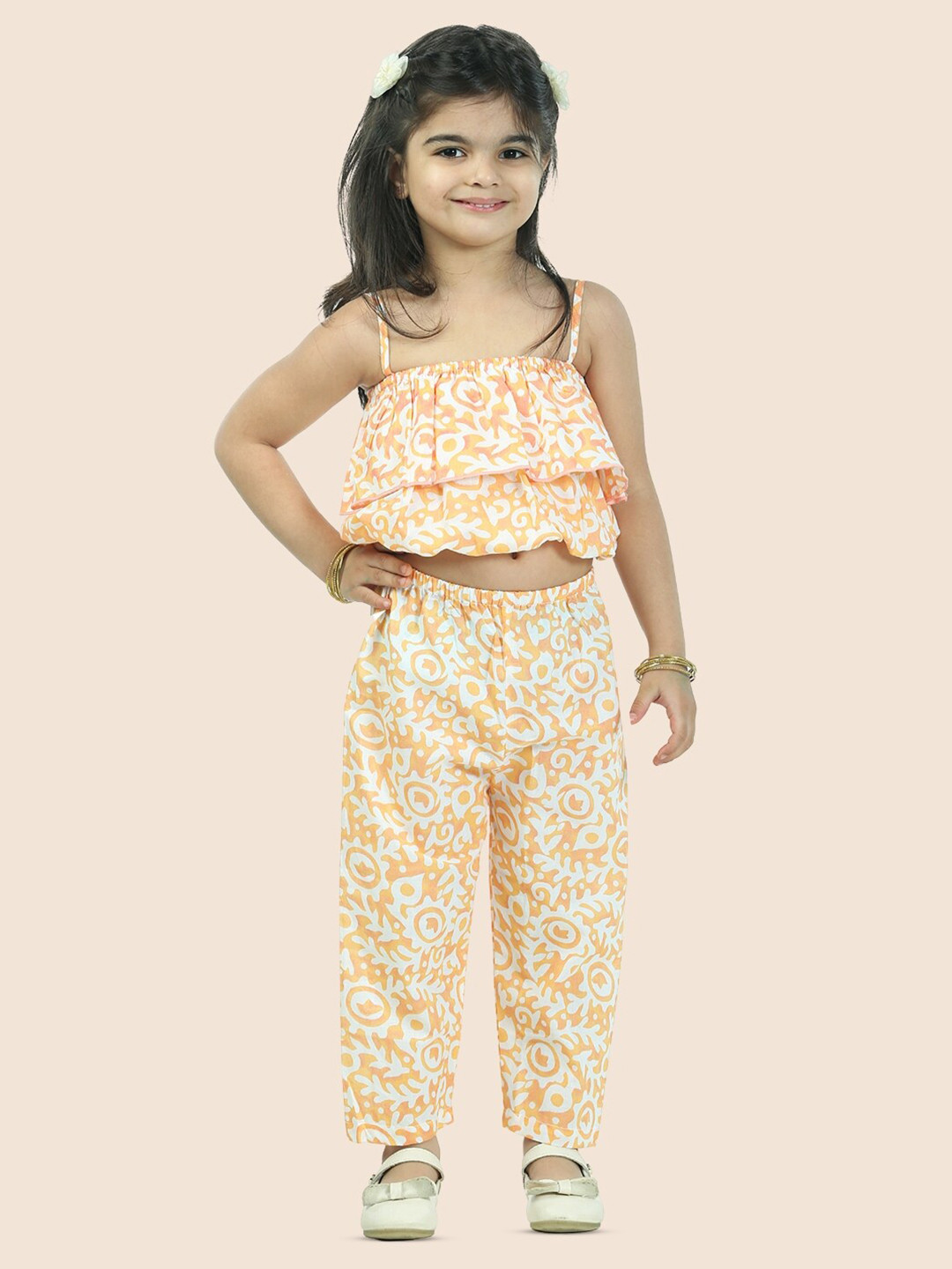 

JUNITOS Girls Printed Pure Cotton Crop Top & Pyjamas Clothing Set, Orange